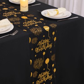Snowkingdom Happy Birthday Table Runner Black and Gold 120 Inches Glitter Foil Metallic Thin Mesh Balloons Table Runner Celebrate Birthday Party Kitchen Dining Table Centerpieces Decorations