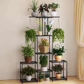 YUJCHMTZN Plant Stand Indoor Outdoor, Metal 6 Tier Tall Hanging Plant Shelf for Multiple Flower Planter Large Heavy Duty Ladder Plant Holder for Garden, Black (y-202)