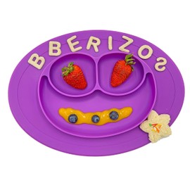 Bberizos| Plato Antideslizante Cuchara Suave Encías Set Alimentación de Silicona para Bebe Infantil con Divisiones para Niños Grado Alimenticio para Papillas Alimentos Sólidos Snakcs Sin BPA Sin PVC (Morado)