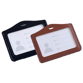 2 Pcs Black&Brown Leather ID Badge Holder, One Sided Clear Window Horizontal Holders Waterproof Name Card Holders for Office, Staff, Students, Employees