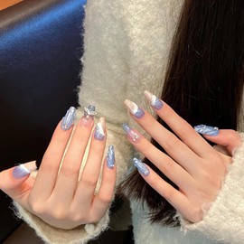 Wsliana Handmade Press On Nails - Medium Length Coffin Shape, 3D Design in Blue and Light Orange, 10pcs Glue On Acrylic Fake Nails with Storage Box | Stylish & Long-Lasting (066 S)