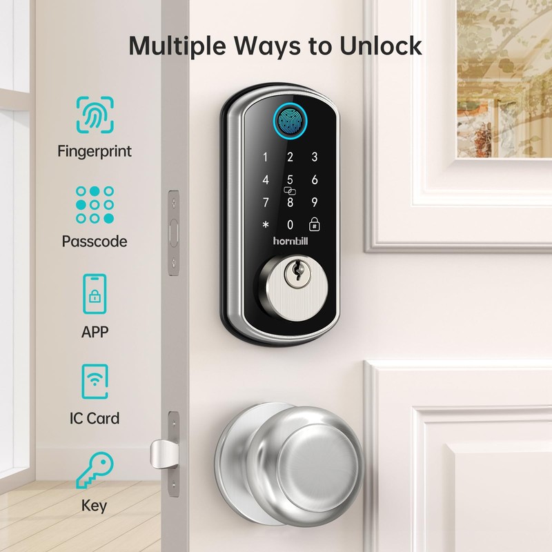 WiFi Keyless Entry Door Lock with Handle : Hornbill Silver