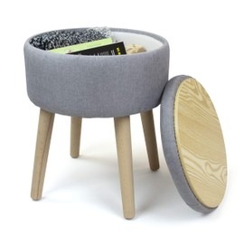 Humble Crew Ashton 14" Round Ottoman with Storage & Tray Lid, Grey Upholstered Seat with Reversible Cushion and Wood Legs, Small Side Table or Footrest