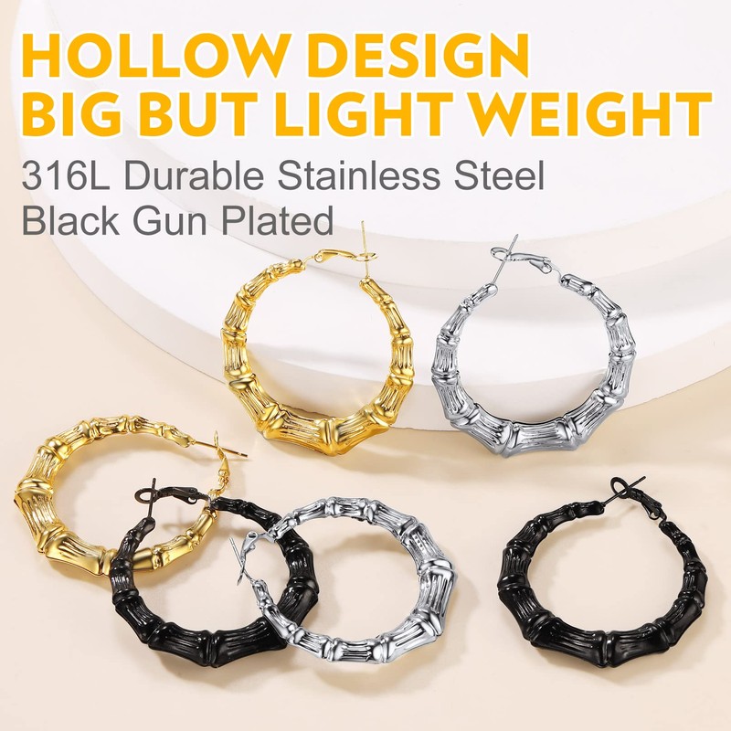 Bandmax Gold Plated Hoop Earrings 40MM Retro Bamboo Hoops Earrings