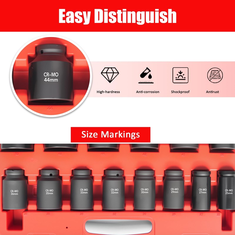 TONYNOL 1/2 Inch Drive Deep Impact Socket Set,6-Point, Metric Sizes(25-50mm),14