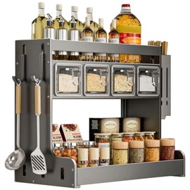 ANQIA Kitchen Seasoning Shelf Spice Rack Wall Mount with Hooks and Utensil Holder Hanging Seasoning Box Shelf Seasoning Jar Organizer for Sugar Salt Pepper Oil Bottle (4 Boxes)