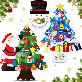 Realspring 3 Pack DIY Felt Christmas Tree Set Plus Snowman Advent Calendar Blue Felt Xmas Tree with Ornament Cutouts to Decorate Wall Hanging Decorations for Christmas Winter Party (Fresh Style)