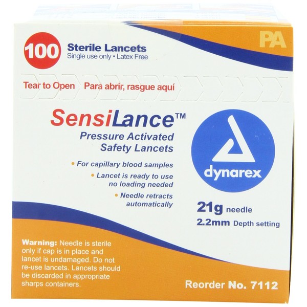 Dynarex Sensilance Safety Lancets, 21 Gauge, Sterile, 100 Count