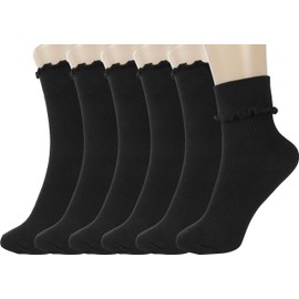 BomKinta Ruffle Socks Women Lightweight Cotton Sock Turn-Cuff Frilly Sock Casual Above Ankle Socks Black 6 Pairs Size 5-10