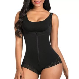 Women's Body Shaper Shapewear, Tummy Control Bodysuit with Lace Trim, Medium Compression, Black (Standard, BLACK, XL)