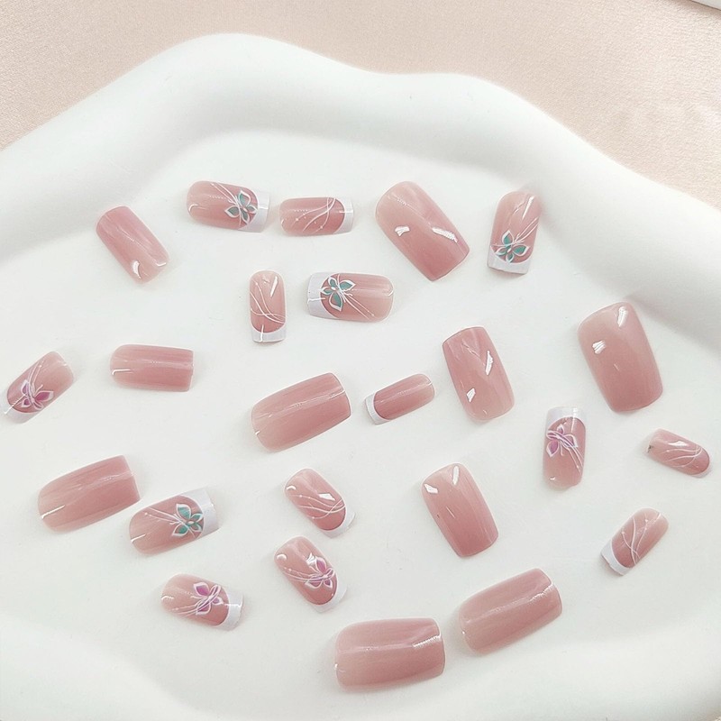 Press on Nails Medium Square Fake Nails with Butterfly Designs