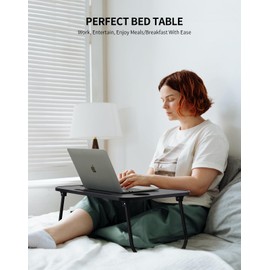 ZEAPTAC Laptop Bed Desk, Foldable Lap Table, Portable Study Table, Laptop Stand with Cup Holder & Tablet Slot & Lifting Handle for Working Writing Drawing & Eating - Black