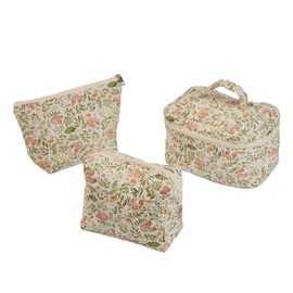 Sparkle Being Forest Friends Quilted Cotton Cosmetic Zipper Pouch, Large Capacity Makeup Accessories Storage Bag for Women Girls, Aesthetic Coquette Travel Toiletry Organizer (Set of 3)