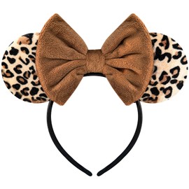 Bmobuo Leopard Print Mouse Ears Headband for Women, Brown Fuzzy Bows