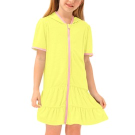 Girls Summer Hooded Smocked Ruffle Hem Solid Terry Cover Up Trim Quickly Dry with Pockets Yellow Bathrobe 9-10 Years