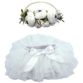 BGFKS Baby Girls Soft Fluffy Tutu Skirt with Diaper Cover,Toddler Girl Tutu Skirt Sets with Flower Headband White