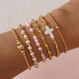 Bohxantium Gold Beaded Bracelets for Women - Boho Colorful 14K Gold Beads Ball Stackable Stretch Christian Cross Bracelet Stack Waterproof Trendy Non Tarnish Jewelry Summer Friendship Gift