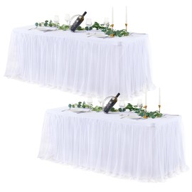 White Table Cloths 8 Foot Rectangle Stretch Ruffle Tulle Tablecloth Spandex Fitted Table Cover for 8 Foot Tables White Tulle Table Skirts Rectangle Tables 8ft Elastic Party Wedding Table Cloths 2Pack