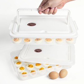 77L Deviled Egg Containers with Lid, (Set of 2), Plastic Deviled Egg Carrier with Handle for 48 Eggs, Clear Storage Devil Egg Platter, Fridge Portable Egg Tray, Perfect for Picnic and Party (White)