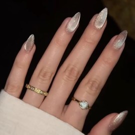 SXVME Uñas postizas acrílicas de estilo ojo de gato color nude, almendra mediana - 30 unidades, uñas postizas de aguja, ajuste natural, uñas de gel op