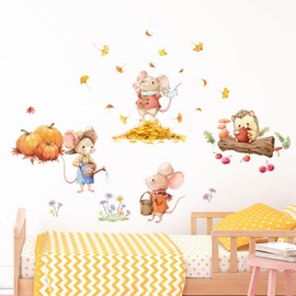 Tanlaby Fall Cartoon Mouse Wall Stickers Autumn Pumpkin Ginkgo Maple Leaves Wall Decals Hedgehogs Fall Harvest Peel and Stick Art Decor for Baby Nursery Kids Bedroom Playroom