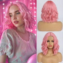 Pelucas Onduladas para Mujer, Frente de Encaje, 14 Pulgadas, Longitud Corta de los Hombros, Parte Media, Peluca Ondulada y Rizada, Peluca de Fibra Sintética Resistente al Calor de Aspecto Natural para Uso Diario en Fiestas (Ondulada,Sin Flequillo, Rosa P