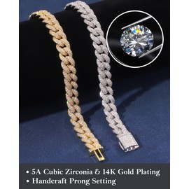 LuxeFlex Prong Cuban Link Chain for Men and Women, 14K Gold/White Gold Plated, 5A Zircon Iced Out Cuban Link Necklace, Diamond CZ Rapper Miami Hip Hop Jewelry, 16 Inches(women size), Gold Plated