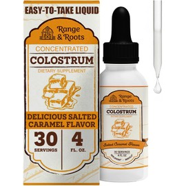 Range & Roots Colostrum Supplement - Liquid Bovine Colostrum - Alternative to Colostrum Powder - Support Gut Health, Immunity, Energy - Healthy Hair, Skin & Nails - Salted Caramel Flavor (30 Servings)