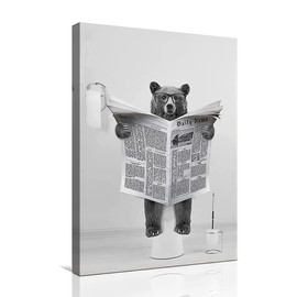 WADBTP High Ground Cow Bathroom Decoration Pictures, Modern Black and White Animal Bathroom Wall Decoration Poster, Toilet Cow Reading Newspaper Home Decoration Pictures, Frameless (Bear, 20X30CM*1)