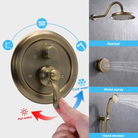 Homekicen 3-Way Shower Diverter Valve Replacement, Pressure Balancing Hidden 3 Outlet Multi Function Mixer Mixing Rough in Solid Brass Valve with Trim Kit, Antique Brass