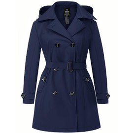 wantdo Trench Coat Plus Size Women Coats with Hood Mid Length Waterproof Classic Belt Double Breasted Overcoat Navy Blue 2X