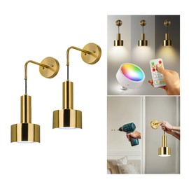 PRIDOLA Set of 2 Wireless Wall Sconces with AA Battery LED Bulbs, Remote Controlled, Adjustable Brightness & Warmth, Elegant Wall Decor for Bedroom, Living Room (Gold)