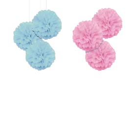 6 x Party Puff Balls Pink or Blue 20cm Tissue Paper Puff Flower Ball, Pom Poms Decorations Princess, Birthday, Baby Shower, Baptism, Wedding, Party Decorations (3 Blue & 3 Pink)