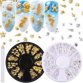 HYWWPFLAY 2 Disc Ocean Nail Art Charms, 3D Beach Nail Charms for Summer, Starfish, Seashell Nail Studs Jewelry, Alloy Gems Decorations for Women Manicure Salon with Pickup Pen & Tweezers