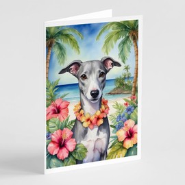 Caroline's Treasures Whippet Luau Greeting Cards Pack of 8 Blank Cards with Envelopes Whimsical A7 Size 5x7 Blank Note Cards