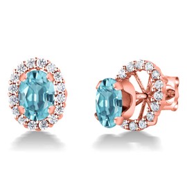 Gem Stone King 18K Rose Gold Plated Silver Oval Blue Zircon Removable Jacket Stud Earrings For Women