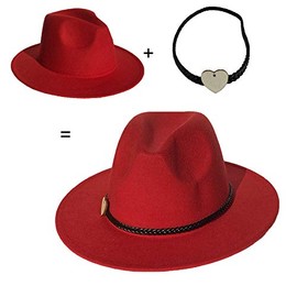 JK Home Wide Brim Fedora Hat - Felt Panama Cap - 2pcs Adjustable Bands - Vintage Style Cosplay Red