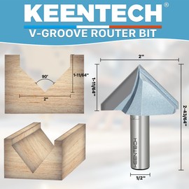 KEENTECH V Groove Router Bit 1/2" Shank, 90-Degree V Bit for Woodworking, Industrial Grade Carbide Router Bit, 2" Diameter x 1-11/64" Cutting Depth