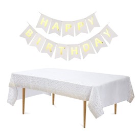 jiuzcare Party Tablecloths 137 x 274 cm White with Gold Dot Rectangular Tablecloth and Happy Birthday Banner Tablecloth Festive for Weddings Birthday Picnic Outdoor Plastic Tablecloth, White