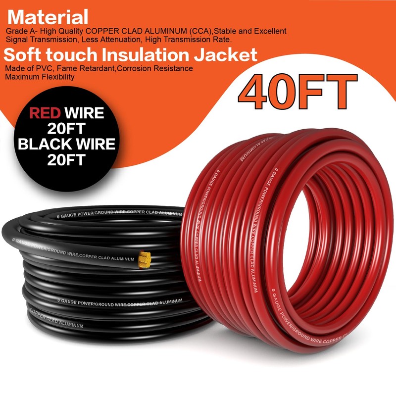 1/0 Gauge Wire(20ft Each - Red/Black) Copper Clad Aluminum CCA