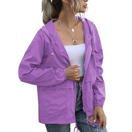 Women's Waterproof Raincoat Lightweight Rain Jacket Hooded Windbreaker With Pocket For Outdoor, Light Purple Large