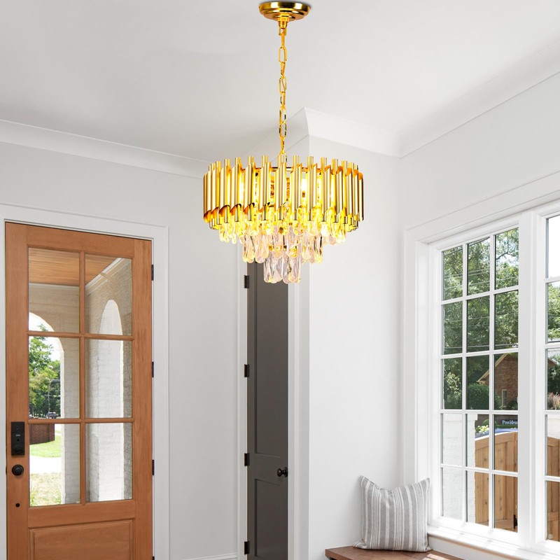 FRIXCHUR 16-Inch Modern Gold Crystal Chandelier, Ceiling Light Fixture, Adjustable