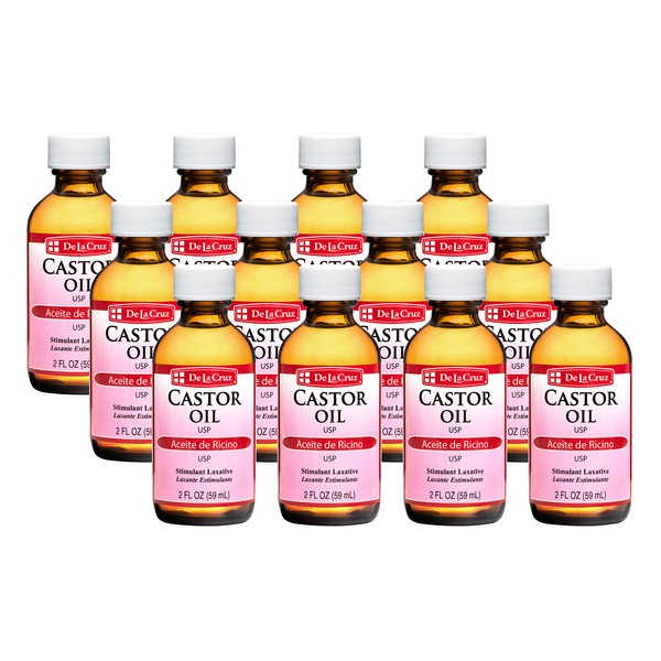 De La Cruz Castor Oil - 100% Pure Expeller Pressed Castor Oil for Nourishing Skin, Hair, Eyelashes, and Eyebrows - Natural Laxative USP Grade, 2 FL Oz (12 Bottles)