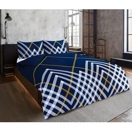 Charlotte Andersen Maxwell Geo Check Single Duvet Cover Set Reversible Easy Care Polycotton Navy Blue Geometric Bedding (Navy, Single)