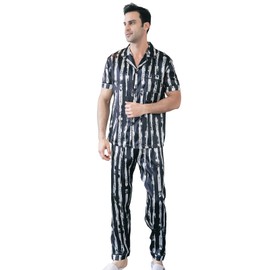 AISOMNUS Men Silk Satin Pajamas Set Short Sleeve Button Down PJ Set Sleepwear Loungewear with Pockets | Black white stripe-M
