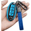 Sindeda Compatible with Nissan Key Fob Cover with Leather Keychain,Soft TPU Key Shell case Fit for Altima Sentra Maxima Rogue Armada Pathfinder Infiniti Smart Remote Key (Blue, 4 Buttons)