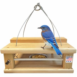 DutchCrafters Cedar Wood Covered Hanging Bluebird Feeder for Mealworms with Food Cup, Enclosed Wooden Dried Mealworm Feeder for Bluebirds for Outdoors