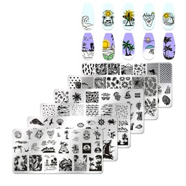 JERCLITY 6pcs Seaside Scenery Nail Stamping Plate Nail Stamping Kit for Nails Summer Beach Coconut Trees Sunset Waves Sea Animals Image Plates Nail Art Design Template Print Nail Stamper Kit for Women