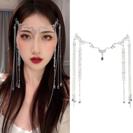 Eliongpu Chinese Retro Fairy Hair Ornaments Headband, Women Head Chain Retro Long Tassel Headpiece Rhinestone Crystal Bridal Forehead Chain Wedding Hair Accessories for Women and Girls