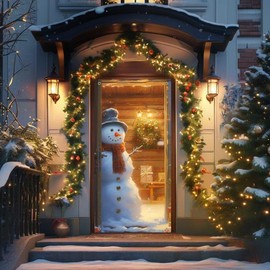 Christmas Door Cover Snowman Decoration Santa Backdrop Xmas Large Photography Background Banner Porch Sign for Winter Indoor Outside Front Door Banner Farmhouse Party Supplies (snowman-2)